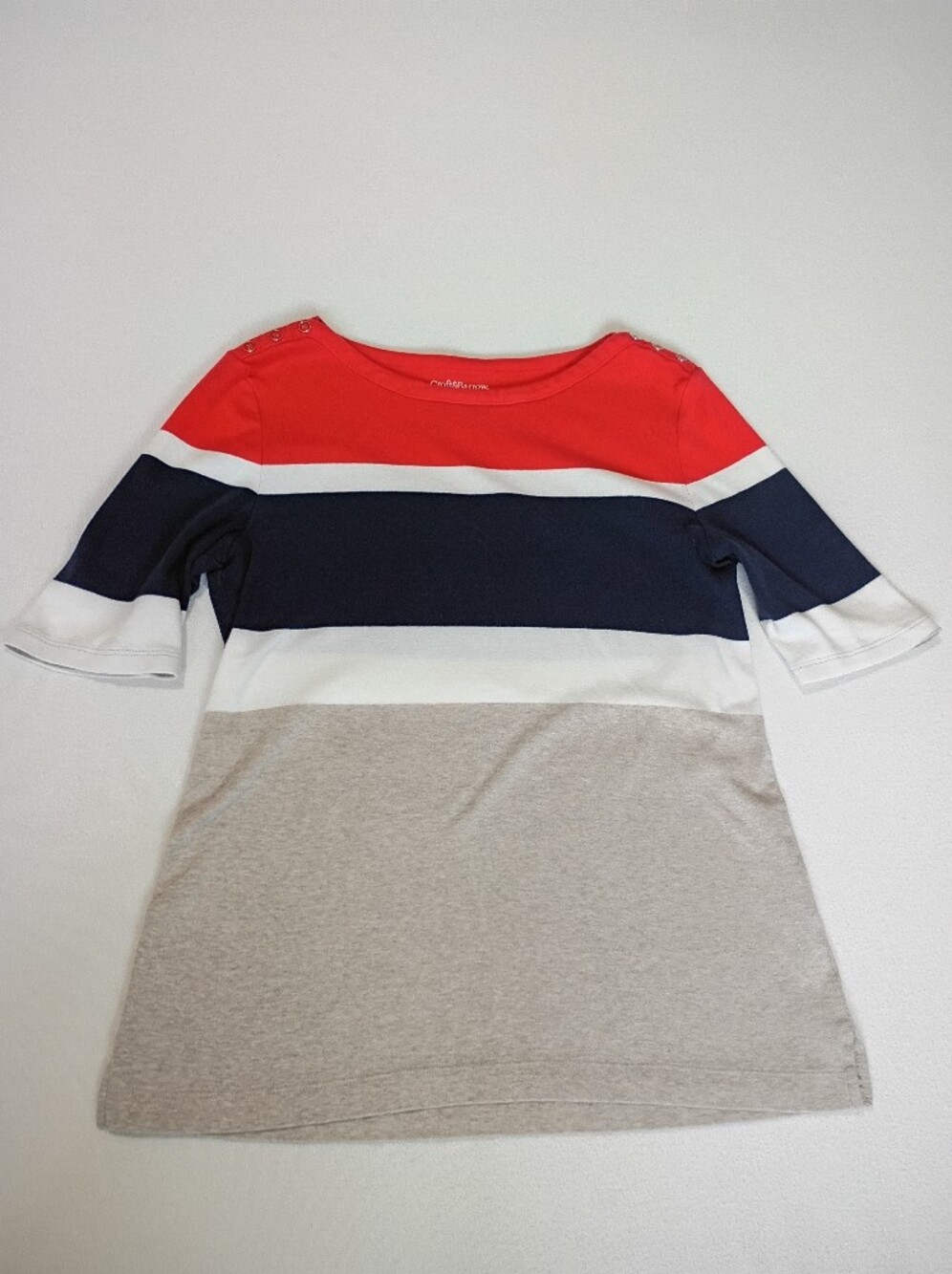 Croft & Barrow Womens Sm Colorblock Top Red Navy Grey Cream Short Sleeve Shirt